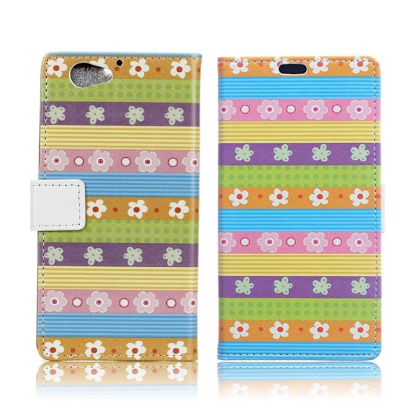 HTC A9s fleksibelt læder-etui m. kortholder - Farvede striber og blomster Multicolor