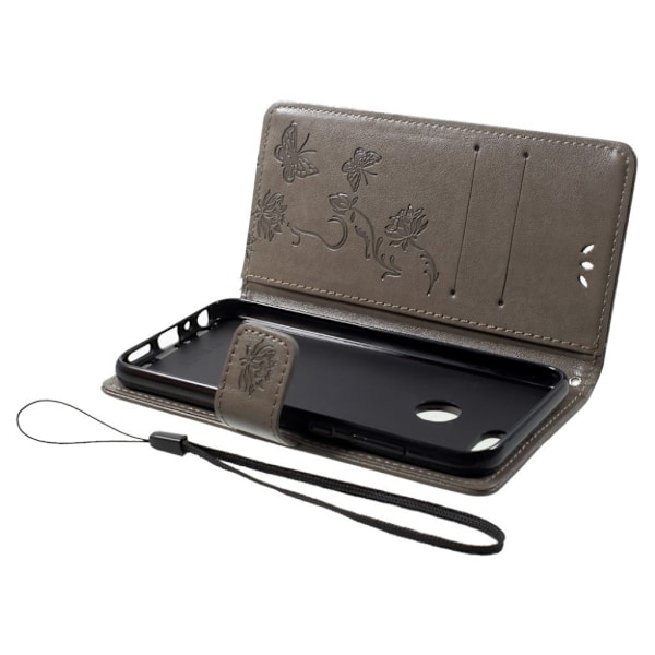 Huawei Honor 9 Lite stemplet sommerfugl blomster PU læder flip etui - Grå Silver grey