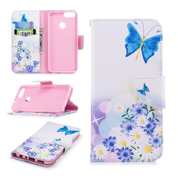 Huawei P Smart Mønstret Lær Flip Etui - Blå Sommerfugl Og Blomster Multicolor