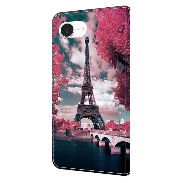 iPhone 16e Plånboksfodral Mönster Tryck Stativ Läder Flip Phone Cover - Eiffeltornet Rosa