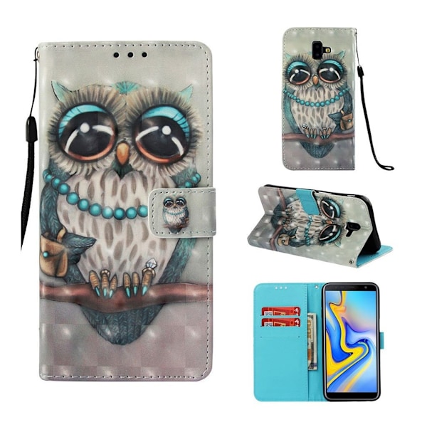 Samsung Galaxy J6 Plus (2018) synteetti nahkainen lompakko kotelo kuviolla ja kimalle koristeilla - Pöllö Haaralla Multicolor