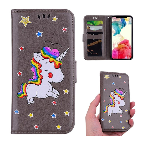 iPhone Xs Max Yksisarvisella kuvioitu kimalteleva synteetti nakainen lompakko suojakotelo - Harmaa Silver grey