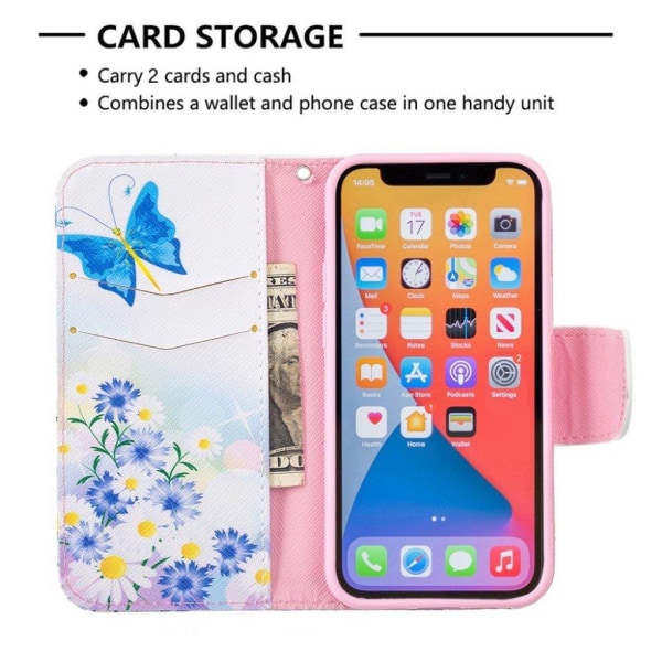 Wonderland iPhone 13 Mini flip etui - Sommerfugl Og Blomst Multicolor