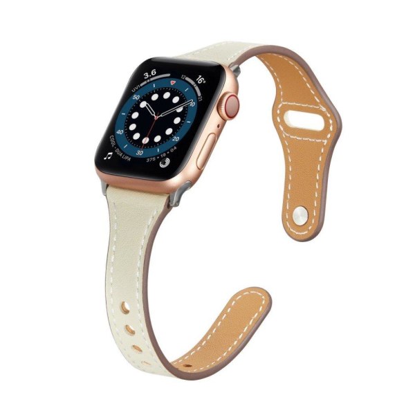 Apple Watch 42mm - 44mm smalt klockarmband i äkta läder med nitdesign - Beige Brun