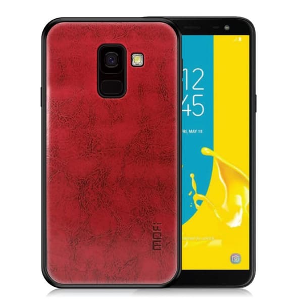 MOFI Samsung Galaxy J6 (2018) mobiletui i kombimaterialer med læderoverfalde - Rød Red