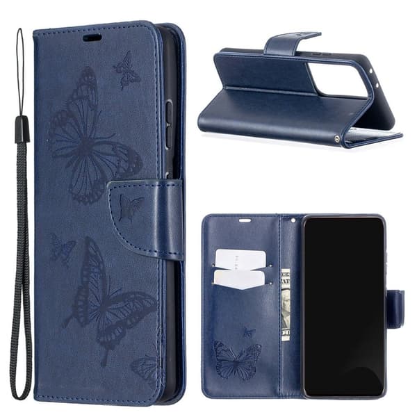 sommerfugl Samsung Galaxy S21 Ultra flip etui - mørkeblå Blue