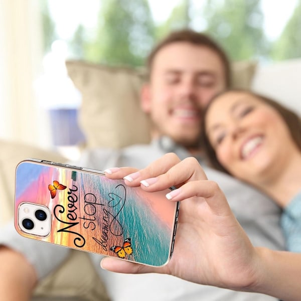 Marble Patterned Suojakuori With Ring Holder For iPhone 14 Plus - Never Stop Dreaming Multicolor