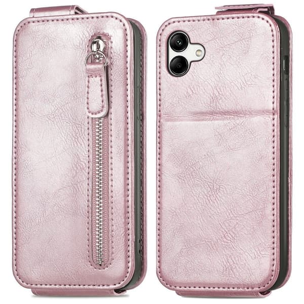 Vertical Flip Phone Etui med Zipper til Samsung Galaxy A04 - Rødguld Pink