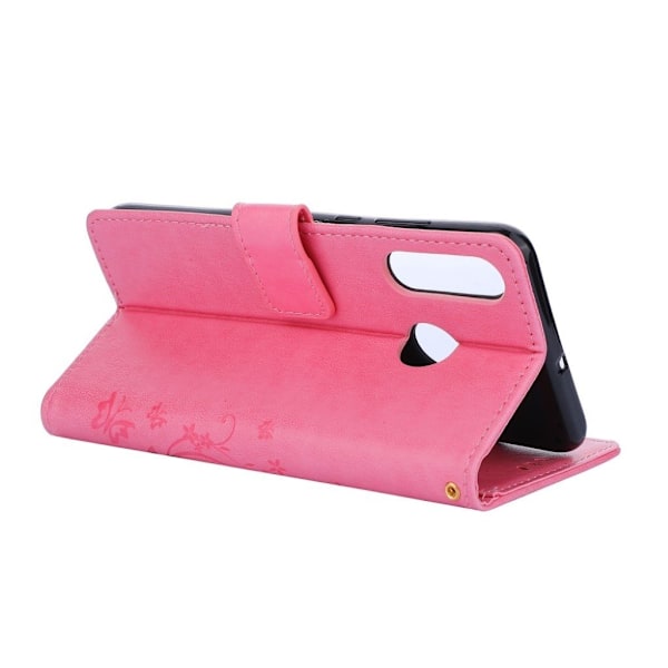 Huawei P30 Lite Avtryck fjäril och blomma läderfodral - Rosa Rosa