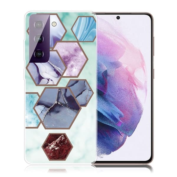 Marble Samsung Galaxy S21 FE Etui - Sekskant Fragments i Sky Blå Multicolor
