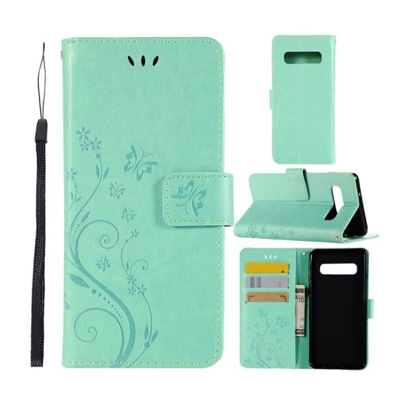 Samsung Galaxy S10 sommerfugle- og blomstertryk læder flip etui - Cyan Green