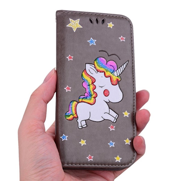 iPhone Xs Max flash powder enhörningsmönster flipfodral i läder - Grå Silvergrå