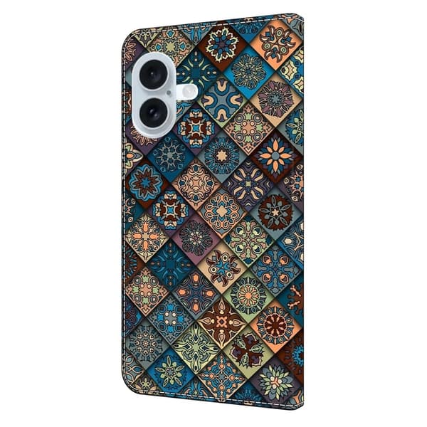 iPhone 16 Plånboksfodral Mönster Tryck Stativ Läder Flip Phone Cover - Blå Blommor Blå