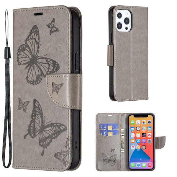 Butterfly iPhone 13 Pro Max Læderetui - Sølv/Grå Silver grey