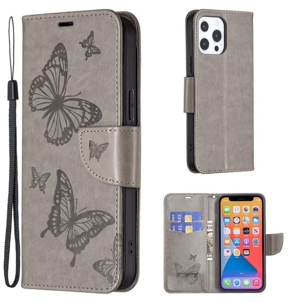 Butterfly läder iPhone 13 Pro Max fodral - Silver/Grå Silvergrå
