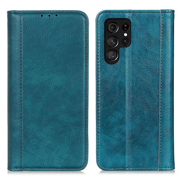 Äkta läder Samsung Galaxy S22 Ultra fodral med magnetisk stängning Grön
