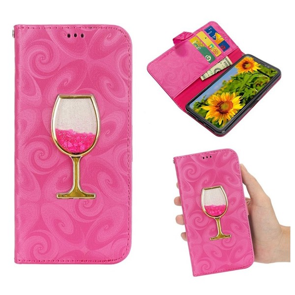 iPhone 9 Plus mobilfodral silikon syntetläder plånbok timglas vinglas glitter - Rosenröd Rosa