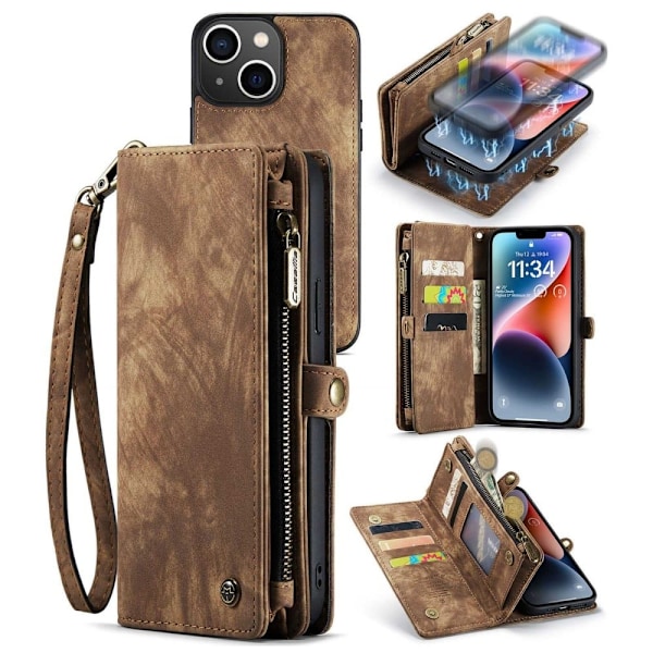 CaseMe iPhone 14 etui med lynlås & pung - Brun Brown