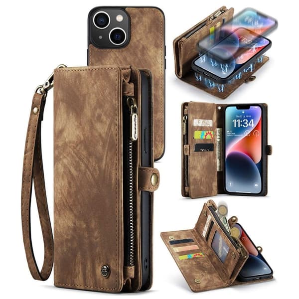 CaseMe iPhone 14 Lommebok med Glidelås - Brun Brown