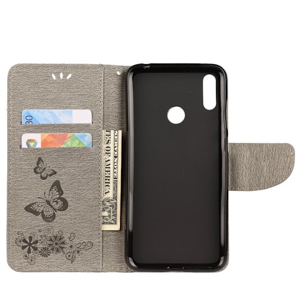 Huawei Y6 2019 sommerfugleprint på lædercover - grå Silver grey