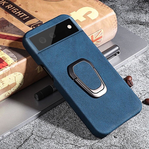 Stötsäkert läderfodral med oval kickstand för Google Pixel 6 Pro - Blå Blå