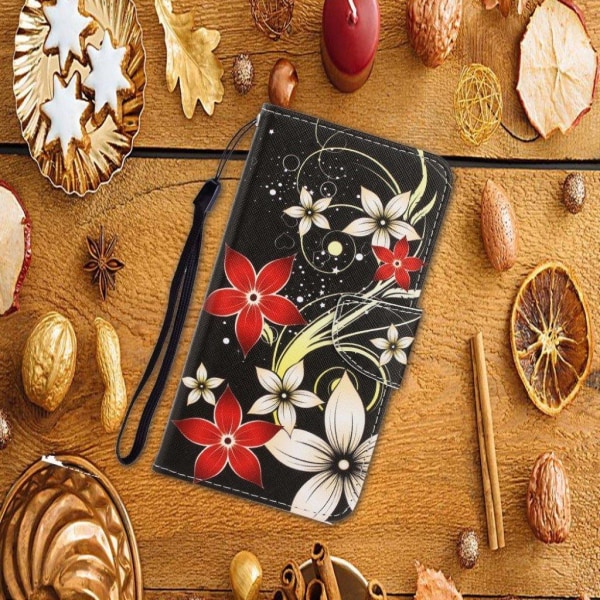 Wonderland iPhone 13 Pro flip etui - Hvide Og Røde Blomster Multicolor