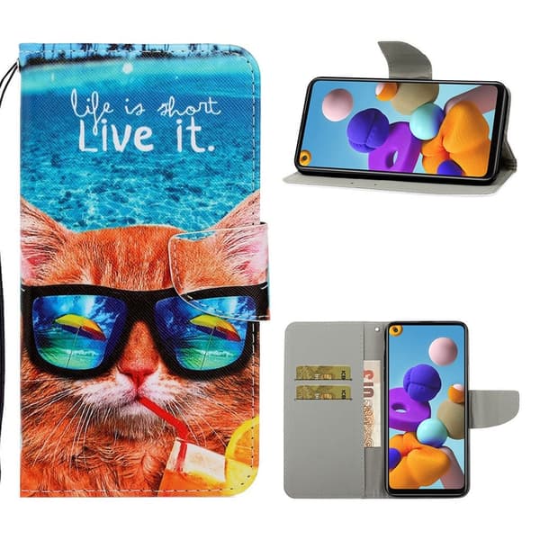 Wonderland Samsung Galaxy A21s kotelot - Lasit Cat Multicolor