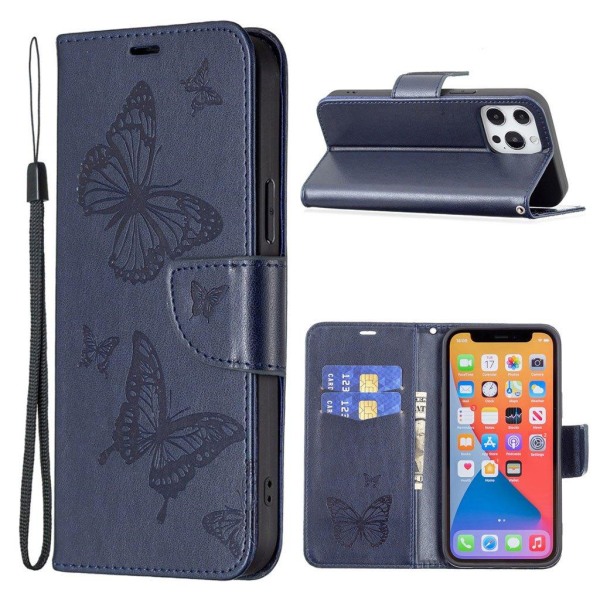 Butterfly iPhone 13 Pro Läppäkotelo - Tummansininen Blue