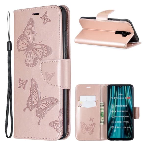 Butterfly Xiaomi Redmi Note 8 Pro skinnveske - Rose Gull Pink