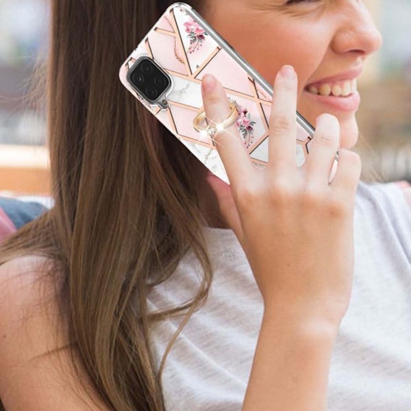 Marble Mønstret Cover med Ring Holder til Samsung Galaxy M12 / F12 / A12 5g - Lyserøde Blomster Pink