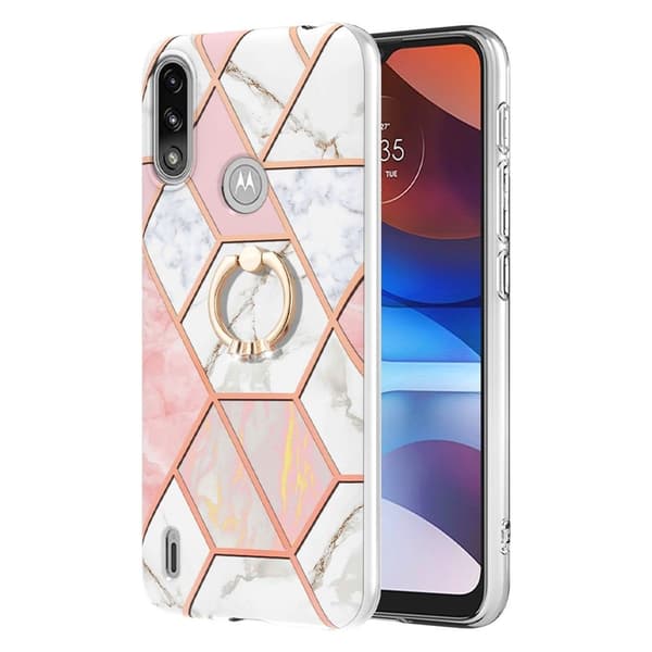 Marble Patterned Suojakuori With Ring Holder For Motorola E7i Power / E7 Power - Pinkki / Valkoinen Pink