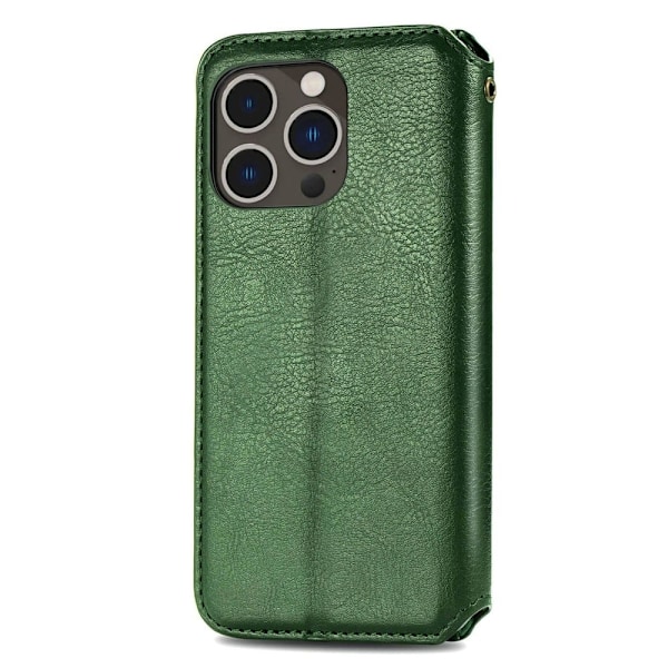 Läder iPhone 14 Pro fodral med romb-design - Grön Grön