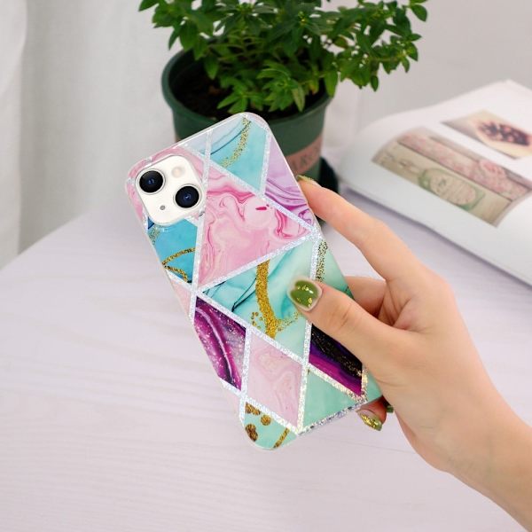 Marble iPhone 15 Plus Etui - Electroplated Rhombus Multicolor