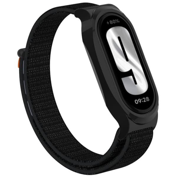 Xiaomi Mi Band 9 / Smart Band 8 Watch Band Nylon Loop håndledsrem med bumpresistent urkasse - Reflekterende Sort Black