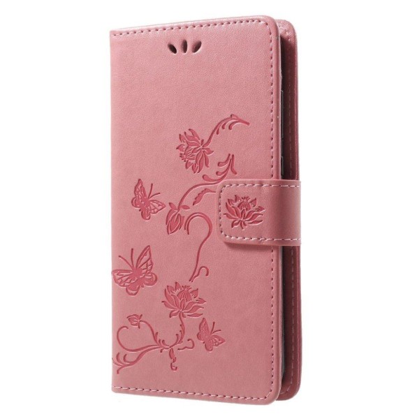 Huawei Honor 9 Lite stemplet sommerfugl blomster PU læder flip etui - Pink Pink