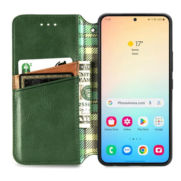Läder Samsung Galaxy S25 fodral med romb-design - Grön Grön