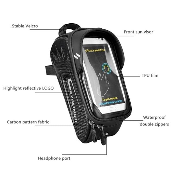 Regntät cykelväska för 6-tums smartphone Svart