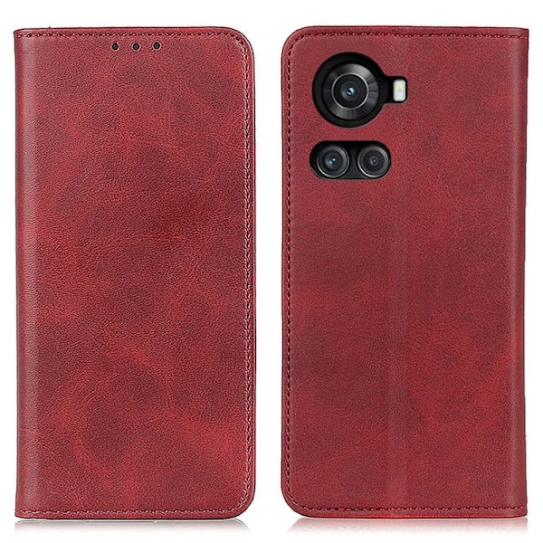 OnePlus 10R / OnePlus Ace flip etui i ægte læder med pung – Rød Red