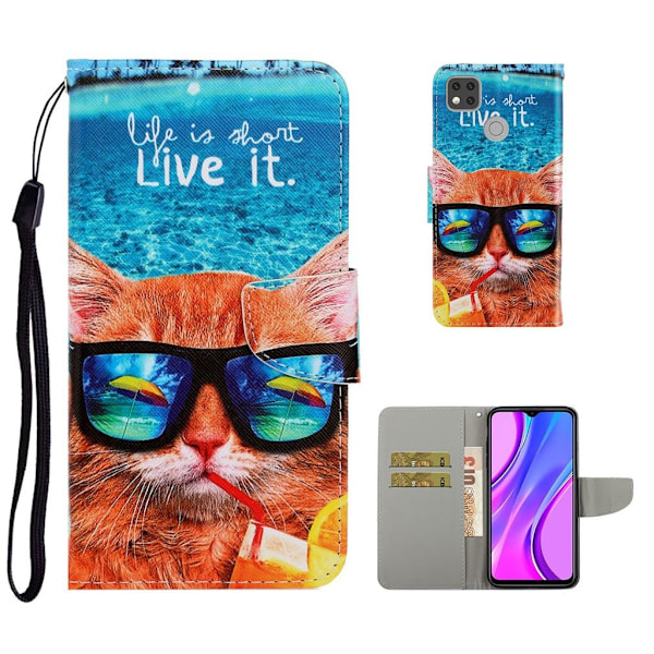 Wonderland Xiaomi Redmi 9C Flip etui - Herlig kat iført briller Multicolor