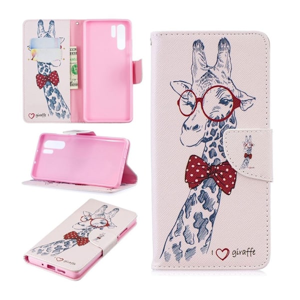 Huawei P30 Pro mønstret læder flip etui - Nuttet Giraffer med Briller Multicolor