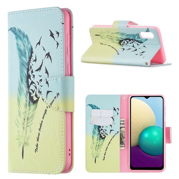 Wonderland Samsung Galaxy A02 Flip Etui - Fjer Mønster Multicolor