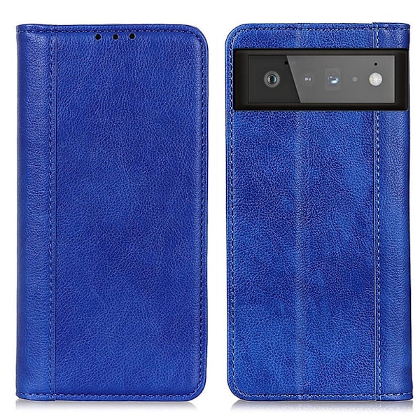 Ekte lærdeksel med magnetisk lukking for Google Pixel 6 - Blå Blue