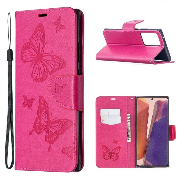 Butterfly Samsung Galaxy Note 20 Ultra nahkakotelo - Ruusu Pink