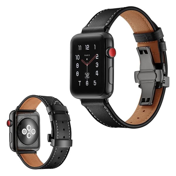 Apple Watch Series 5 44mm holdbar ægte læder Urrem - Sort Spænde / Sort Black