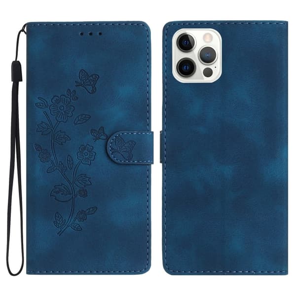 iPhone 16 Pro-etui i vegansk lær med blomstertrykk på håndleddsstroppen - Blå Blue