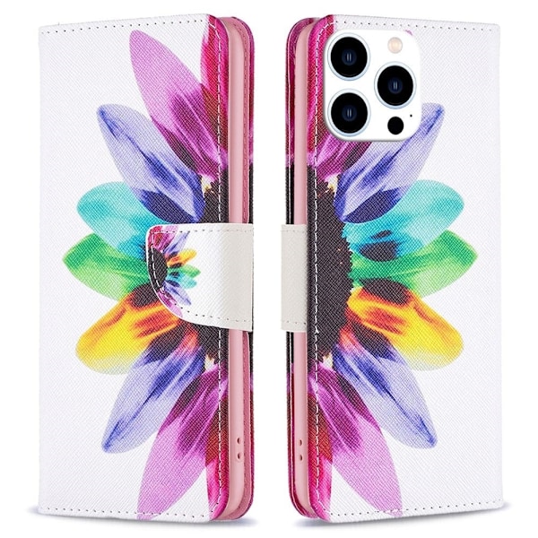 Wonderland iPhone 14 Pro flip kuoret - Auringonkukka Multicolor