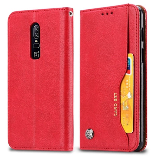 OnePlus 6 mobiletui i kunstlæder med autoabsorberende lukkefunktion samt udvendig lomme - Rød Red