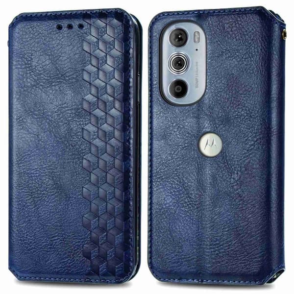 Läder Motorola Edge 30 Pro fodral med romb-design - Blå Blå