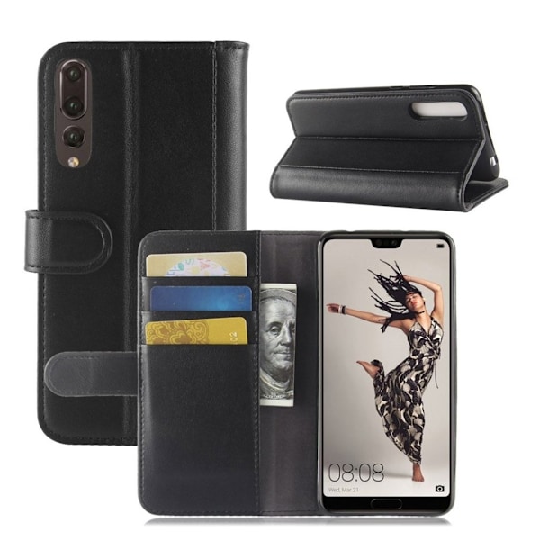 Huawei P20 Pro ægte split læder flip etui - Sort Black