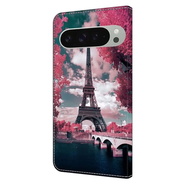 Google Pixel 9 Pro XL plånboksfodral mönstrat tryck stativ läder flip telefonskal - Eiffeltornet Rosa